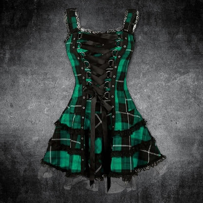 Plaid Lace Up Gothic Mini Dress