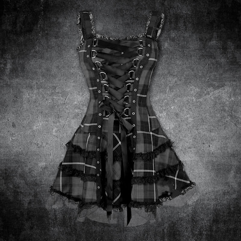 Plaid Lace Up Gothic Mini Dress
