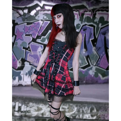 Plaid Lace Up Gothic Mini Dress