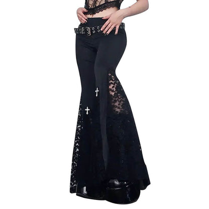 Punk Cross Decoration High-Rise Lace Hollow Flared Pants