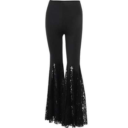 Punk Cross Decoration High-Rise Lace Hollow Flared Pants
