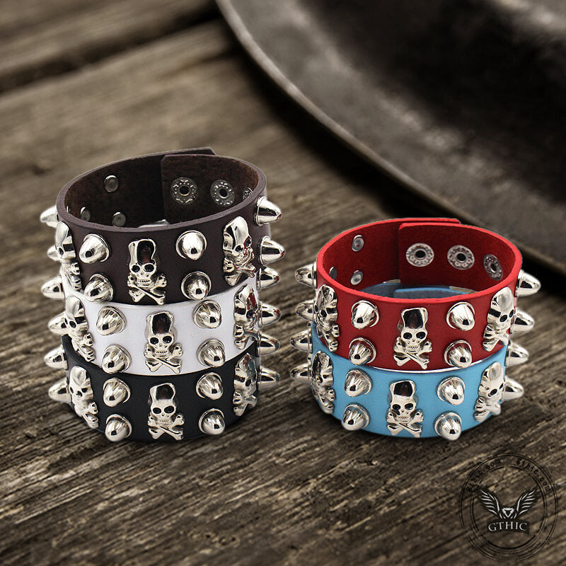 Punk Crossbones Skull Pu Leather Spiked Bracelet