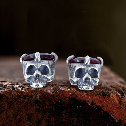 Punk Dark Skull Gemstone Stud Earrings in Sterling Silver