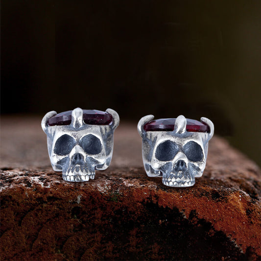 Punk Dark Skull Gemstone Stud Earrings in Sterling Silver