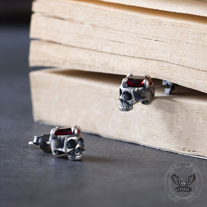 Punk Dark Skull Gemstone Stud Earrings in Sterling Silver