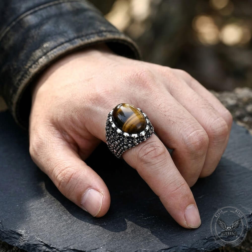 Punk Dense Skull Tiger Eye Stone Stainless Steel Ring