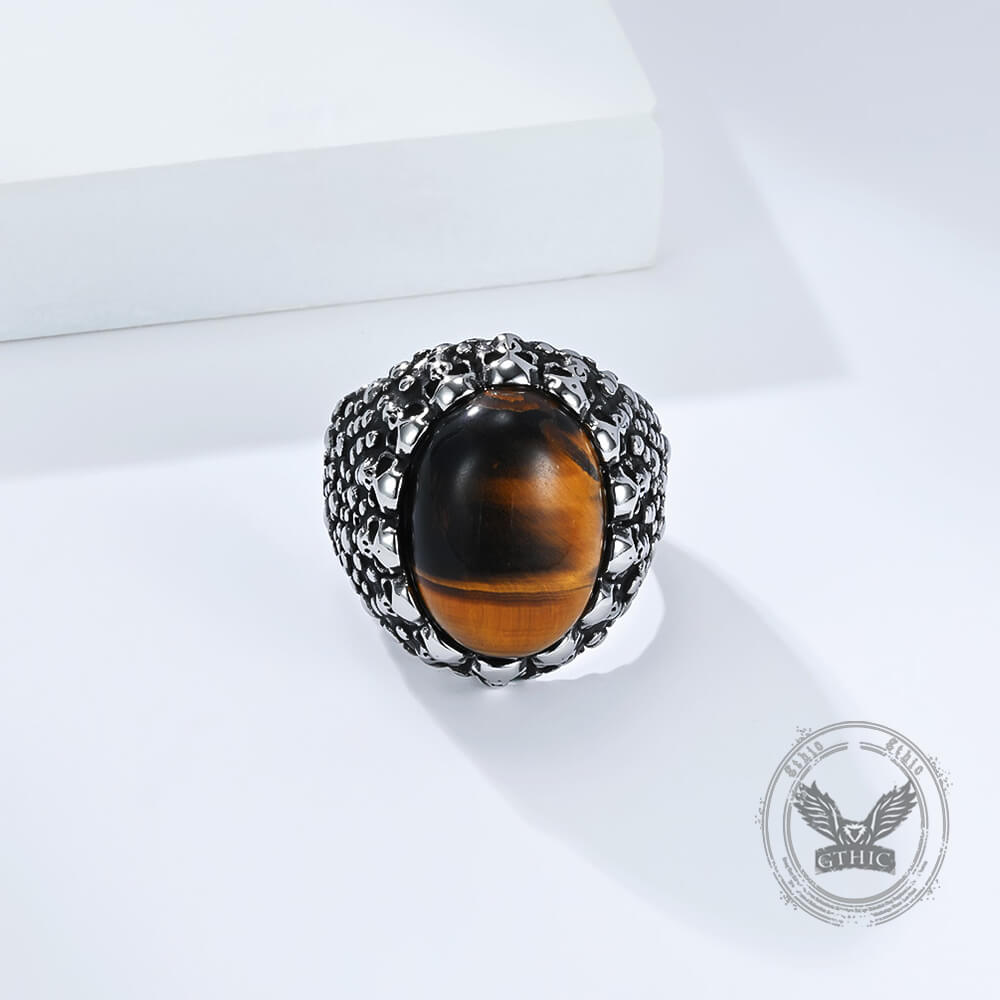 Punk Dense Skull Tiger Eye Stone Stainless Steel Ring