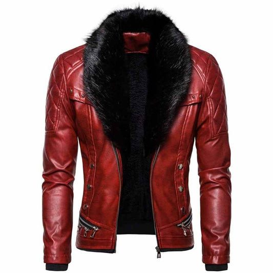 Punk Detachable Fur Collar Thickened PU Leather Jacket