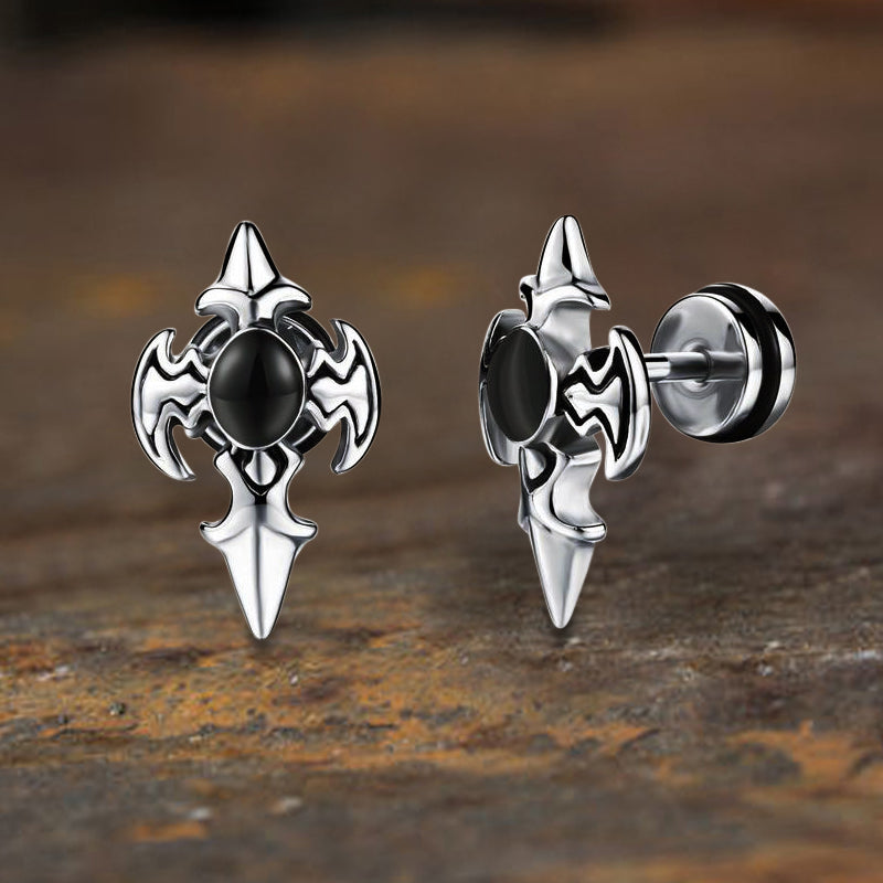 Punk Devil Wings Cross Stud Earrings in Stainless Steel