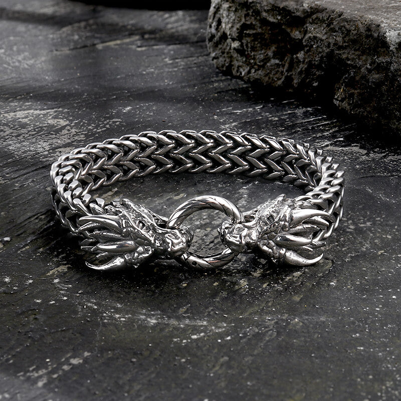 Punk Double Dragon Head Hoop Bracelet in Stainless Steel