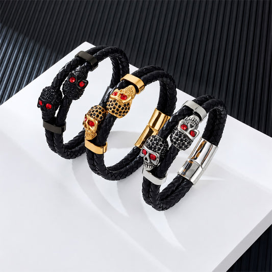 Punk Double Skull Stainless Steel Leather Bracelet