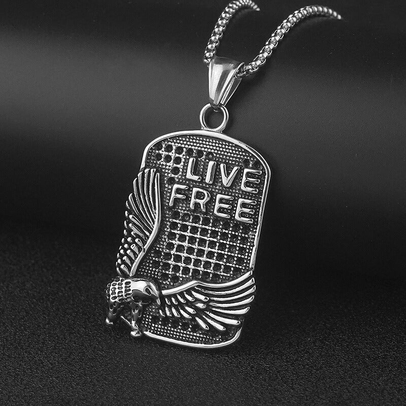 Punk Eagle Live Free Square Pendant in Stainless Steel