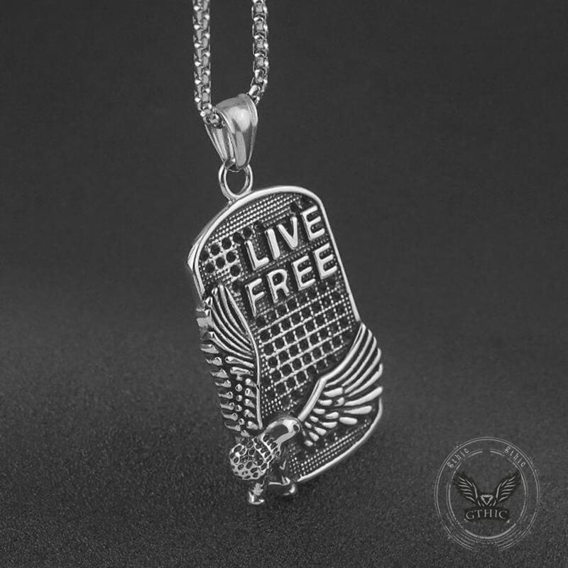 Punk Eagle Live Free Square Pendant in Stainless Steel