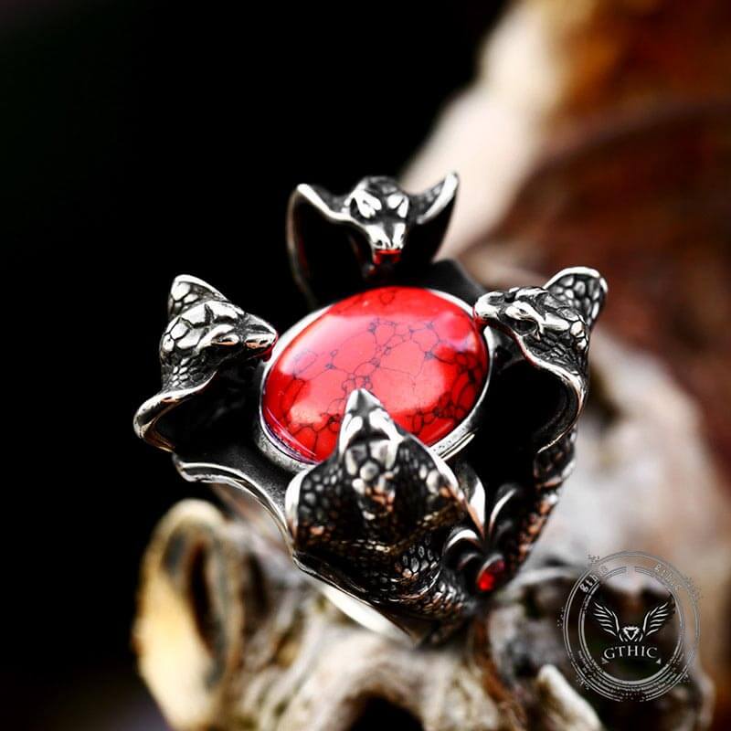 Punk Four Snake Heads Red Gem Ring in Stainless Steel