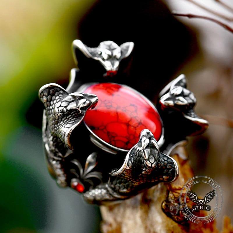 Punk Four Snake Heads Red Gem Ring in Stainless Steel