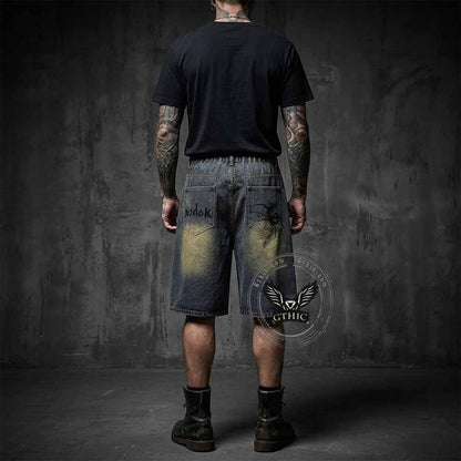 Punk Hand-Drawn Spider Pattern Loose Denim Shorts