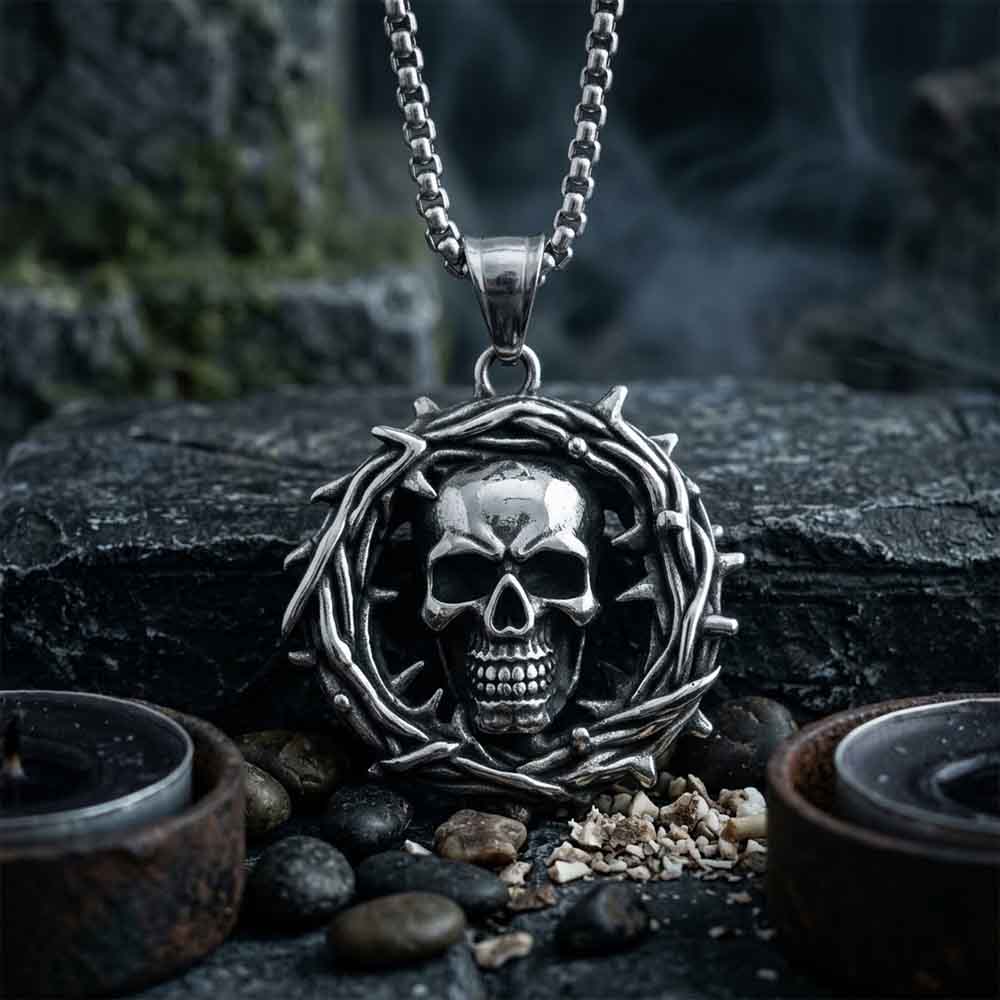Punk Hollow Thorn Skull Pendant in Stainless Steel