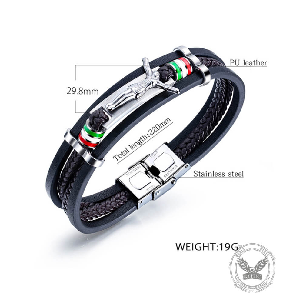 Punk Jesus Suffering Leather Woven Bracelet in Stainless Steel