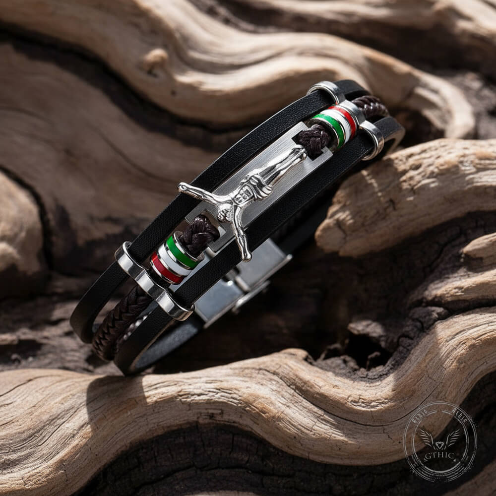 Punk Jesus Suffering Leather Woven Bracelet in Stainless Steel