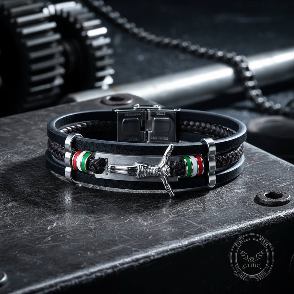 Punk Jesus Suffering Leather Woven Bracelet in Stainless Steel
