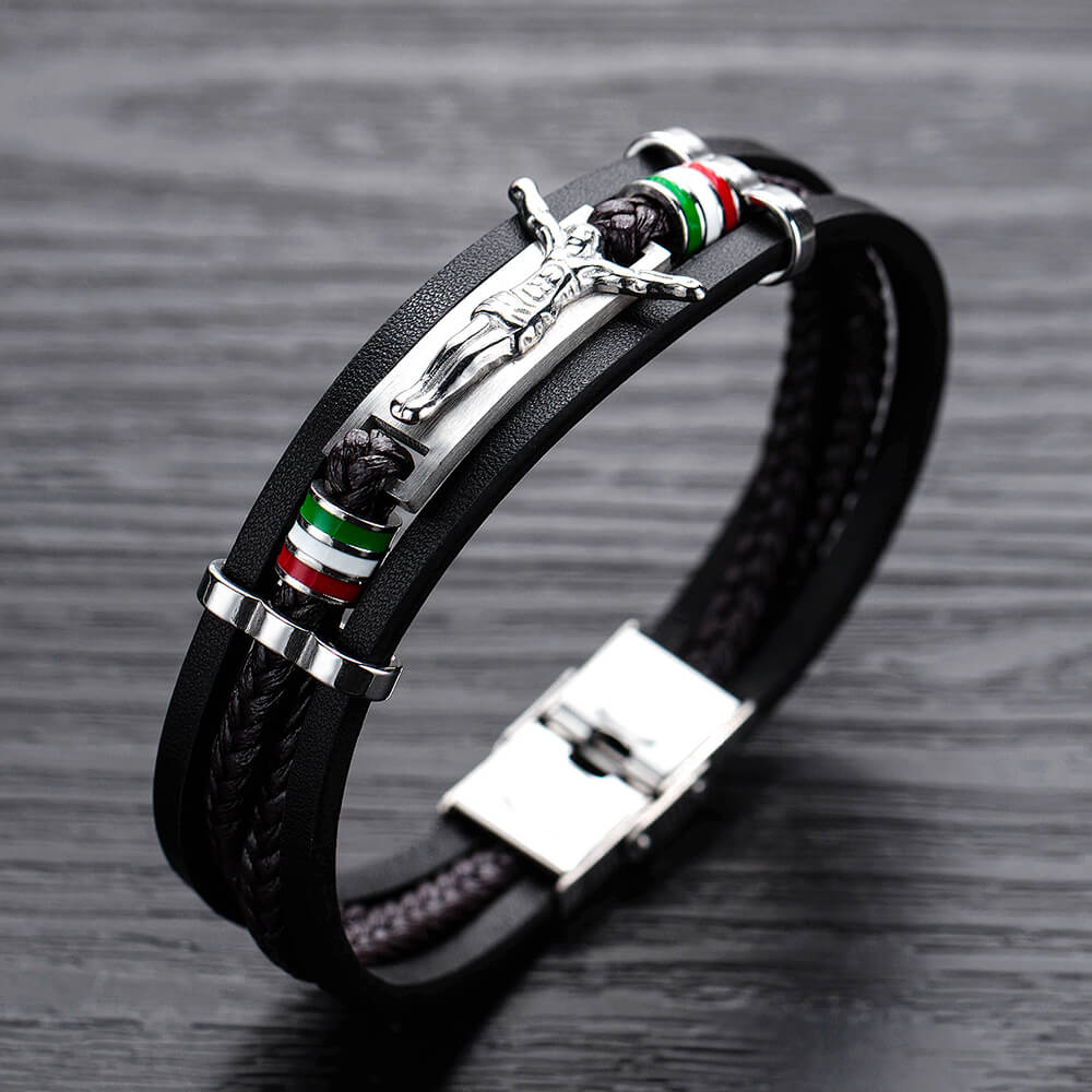 Punk Jesus Suffering Leather Woven Bracelet in Stainless Steel