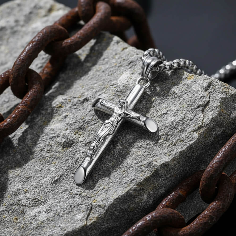 Punk Jesus Suffering Cross Pendant in Stainless Steel