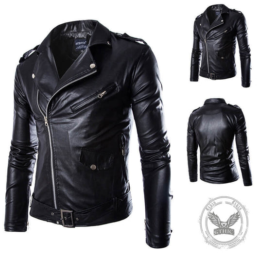 Punk Lapel Diagonal Zipper PU Leather Motorcycle Jacket