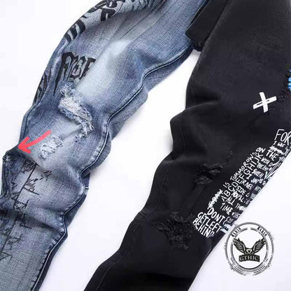 Punk Lettering Printed Distressed Slim-Fit Jeans