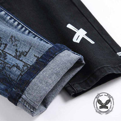 Punk Lettering Printed Distressed Slim-Fit Jeans