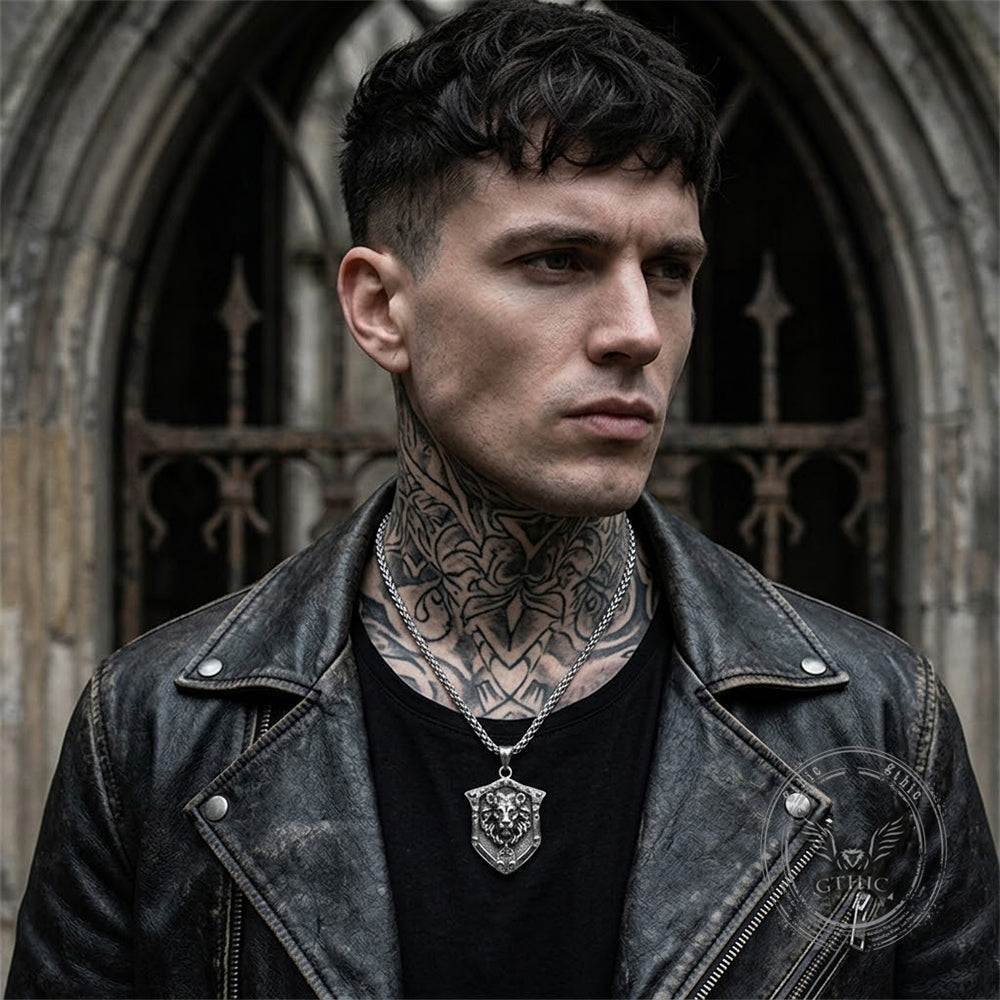 Punk Lion Wolf Shield Necklace in Stainless Steel