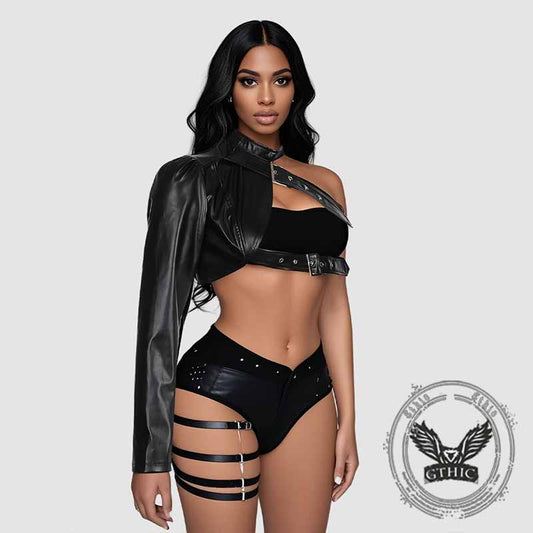 Punk One Shoulder Irregular PU Leather Top