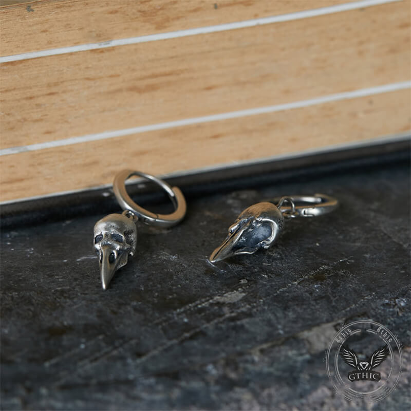 Punk Raven Skull Stud Earrings in Sterling Silver