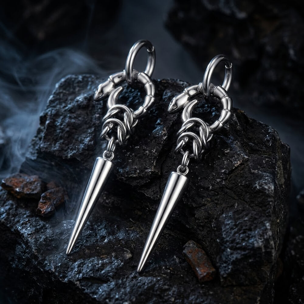 Punk Ouroboros And Spikes Drop Earrings in Stainless Steel