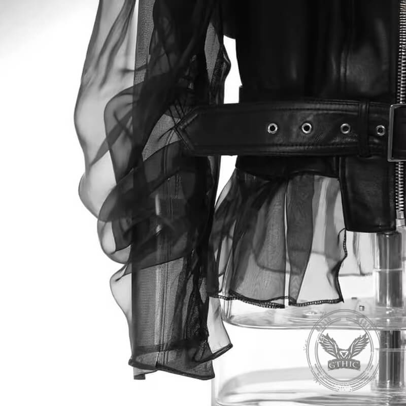 Punk Patchwork Sheer Mesh PU Leather Biker Jacket