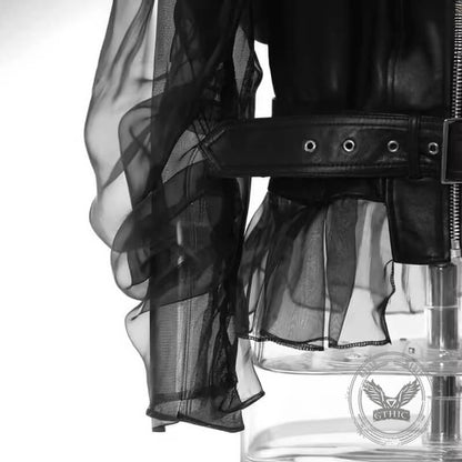 Punk Patchwork Sheer Mesh PU Leather Biker Jacket