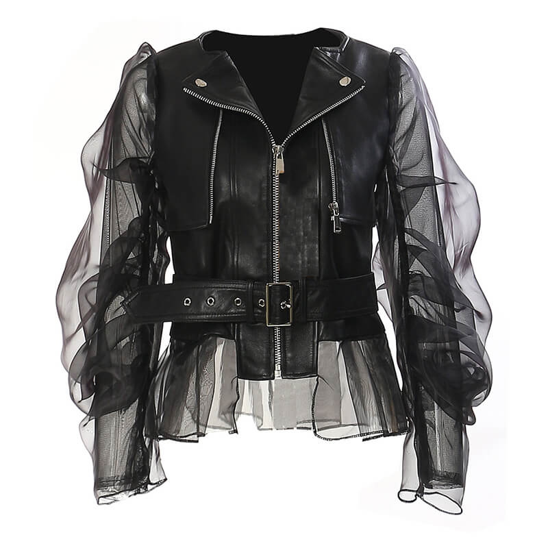 Punk Patchwork Sheer Mesh PU Leather Biker Jacket