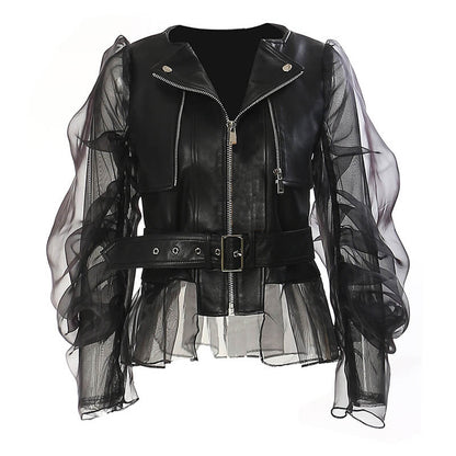 Punk Patchwork Sheer Mesh PU Leather Biker Jacket