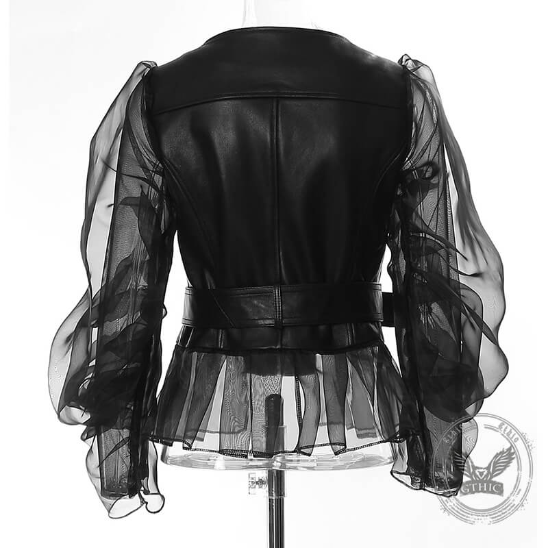 Punk Patchwork Sheer Mesh PU Leather Biker Jacket