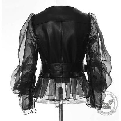 Punk Patchwork Sheer Mesh PU Leather Biker Jacket