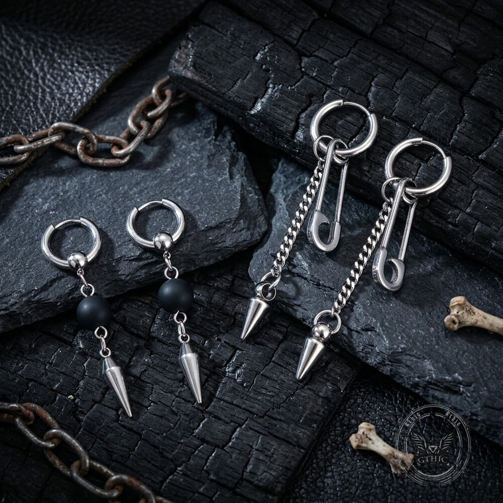 Punk Pin Studded Drop Earrings in Stainless Steel