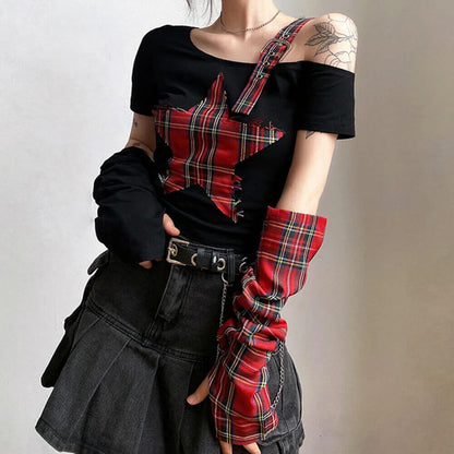Punk Plaid Patchwork Five-Pointed Star Irregular Top