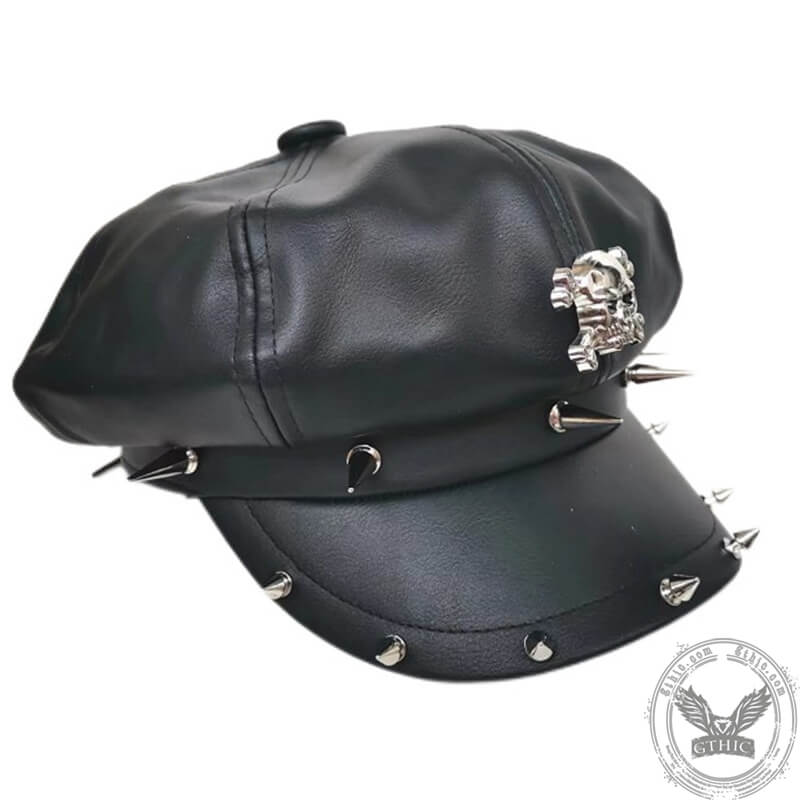 Punk Rivet Skull PU Leather Newsboy Cap
