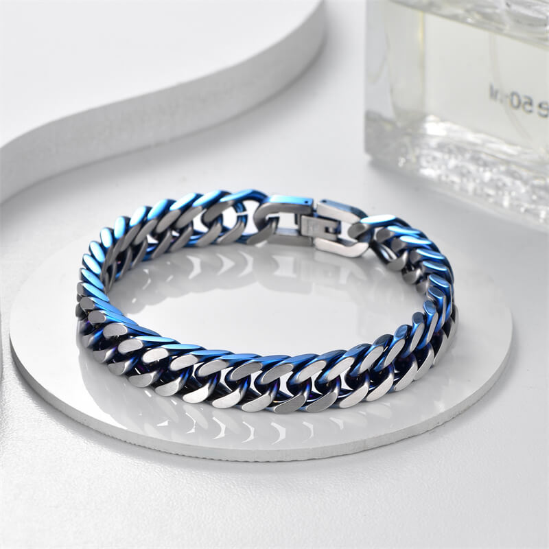 Punk Silver Blue Cuban Chain Stainless Steel Bracelet
