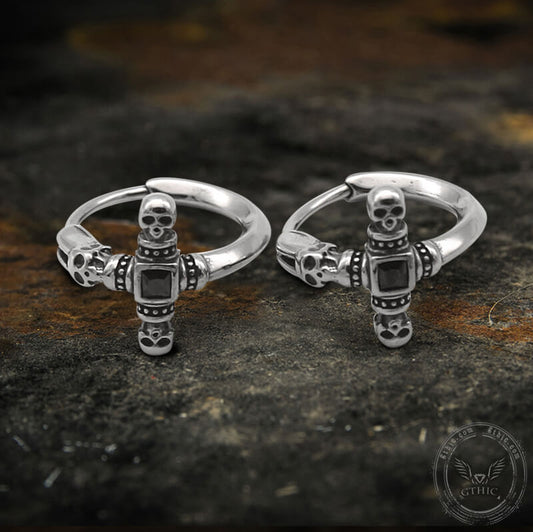 Punk Skull Cross Hoop Earrings in Stainless Steel