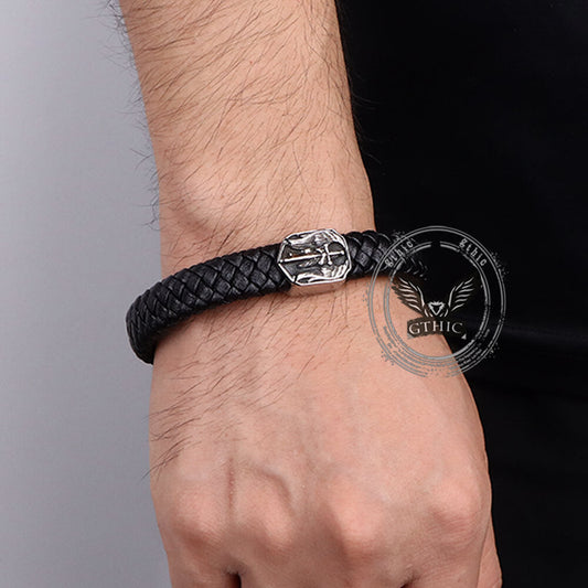 Punk St. Michael Archangel Woven Leather Bracelet in Stainless Steel