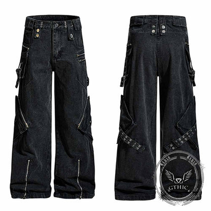 Punk Strappy Zipper Design Multi-Pocket Baggy Jeans