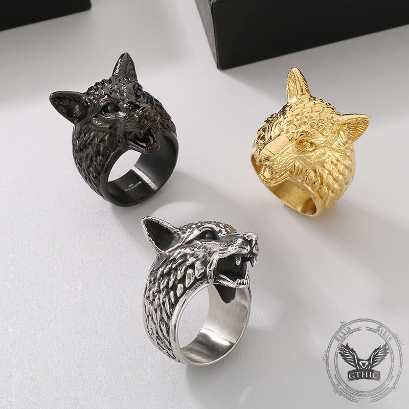 Punk Viking Wolf Head Ring in Stainless Steel