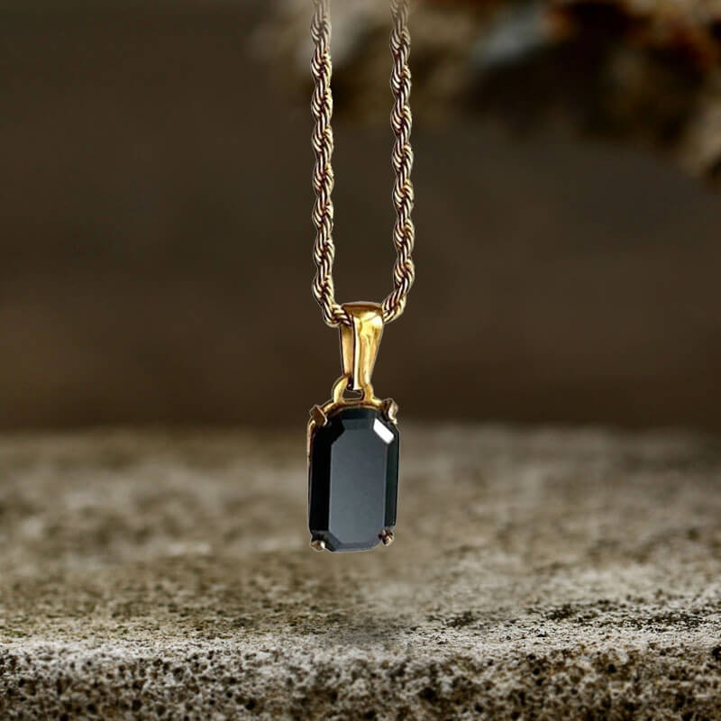 Rectangular Black Zircon Cuban Chain Pendant in Stainless Steel