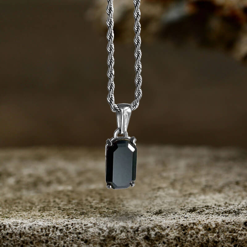 Rectangular Black Zircon Cuban Chain Pendant in Stainless Steel