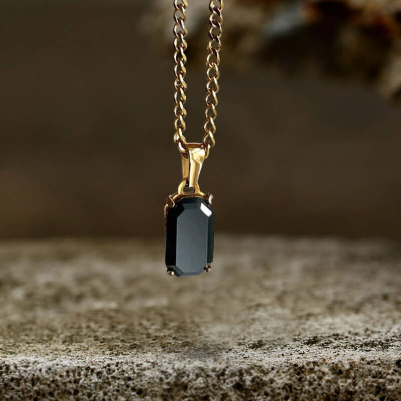 Rectangular Black Zircon Cuban Chain Pendant in Stainless Steel
